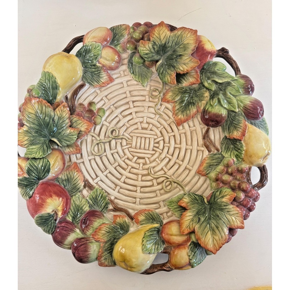 Fitz And Floyd Country Gourmet Round Platter‎ Fruit Basketweave Handles Ceramic